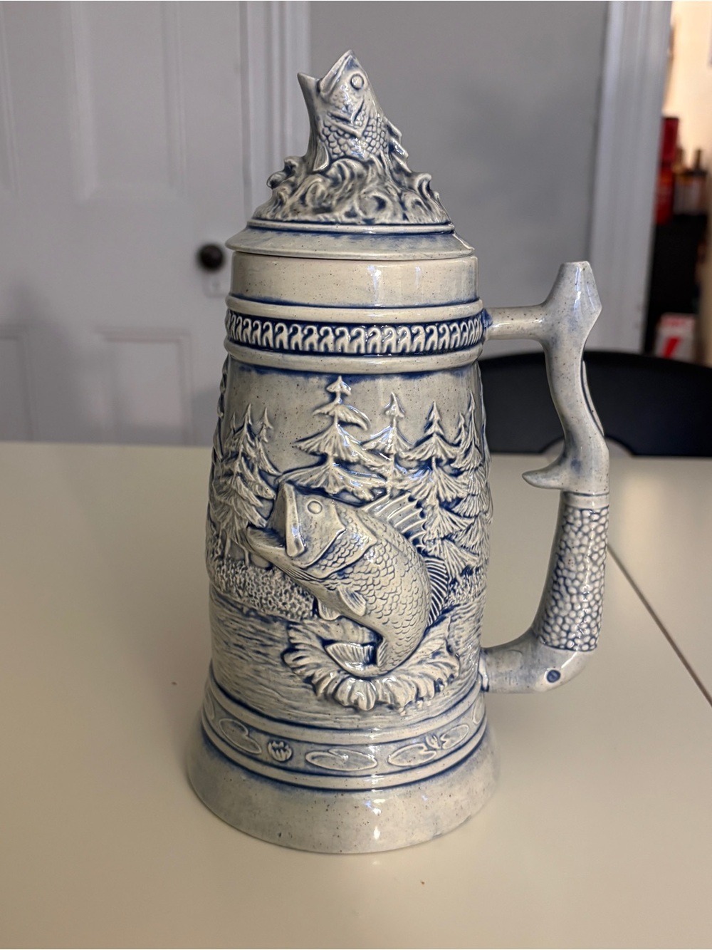 Large Vintage Blue and Cream Ceramic Fishing Themed Relief Beer Stein - Home Art